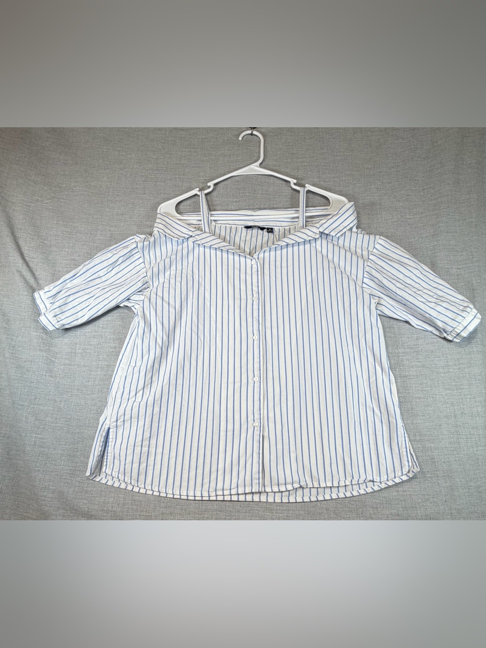 Semir Blue & White Striped Off-Shoulder Button-Down Shirt